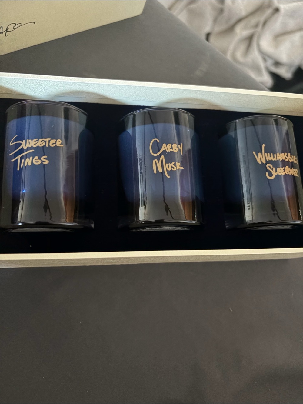 Drake’s Set of 3 Scented Candle Votives in Deep Navy with Gold Script
